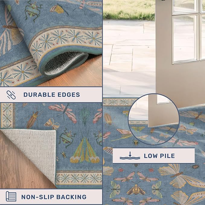 Blue Vintage Insect Runner Rug for Hallway 3x12, Washable Non Slip Kitchen Sink - Image 4