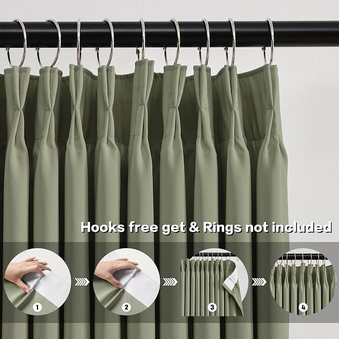 Sage Green Pinch Pleat Curtains 72 Inches Long Thermal Insulated Dark Black Out - Image 2
