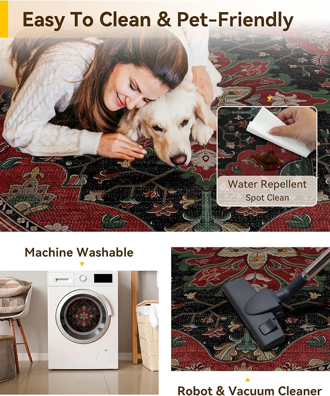 RELEANY Washable Area Rug, Round 7ft, Water Repellent, Pet Friendly, Vintage - Image 4