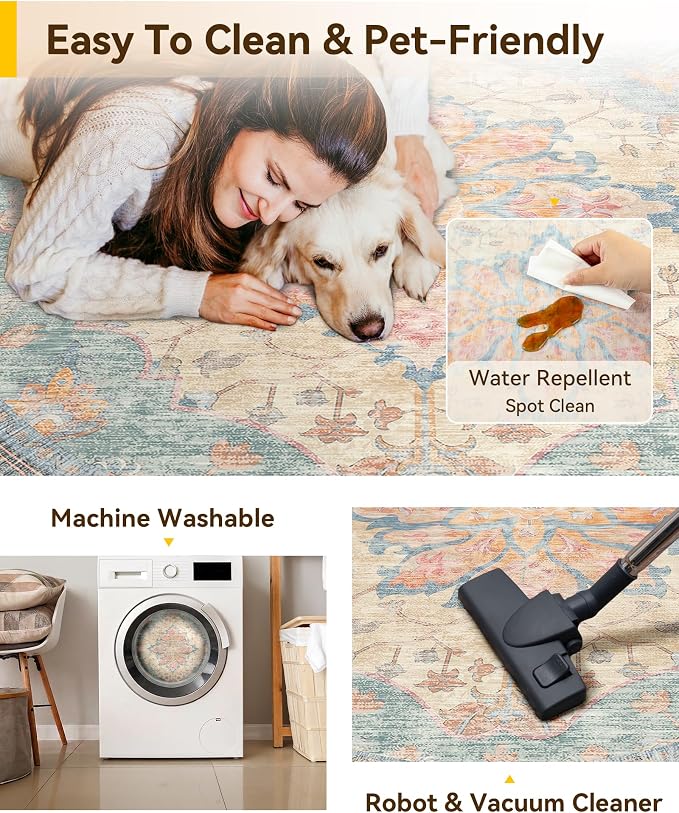 RELEANY Washable Area Rug, Round 10ft, Water Repellent, Pet Friendly, Vintage - Image 5