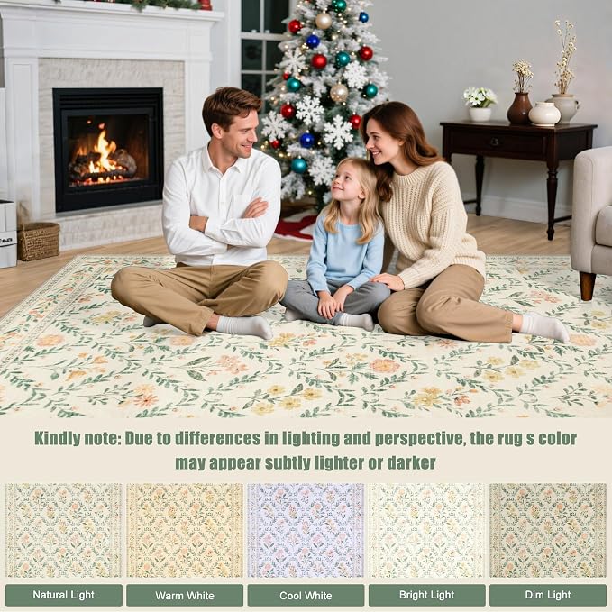 PLHXFR Round Area Rug Living Room: 8 ft Floral Washable Carpet Beige Multi | - Image 9