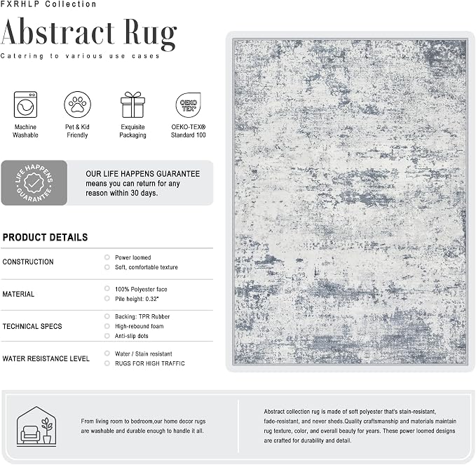2x6 Washable Runner Rug：Modern Abstract Soft Carpet Blue Grey | - Image 3