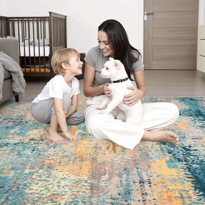 9x12 Area Rug Living Room: Modern Washable Soft Carpet Rosy Haze | - Image 9
