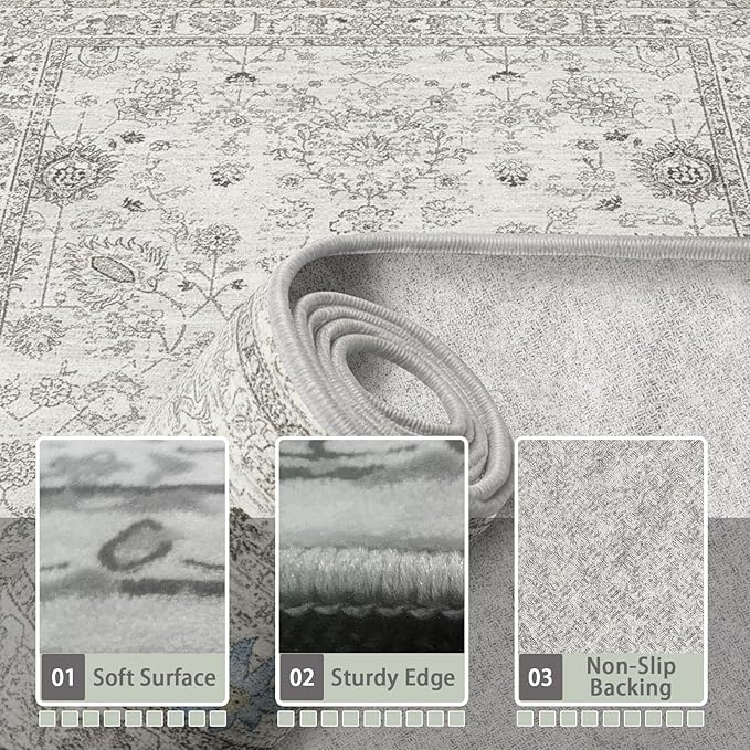 Grey Floral Area Rug 8x10 for Living Room Bedroom | Non Slip; Stain Resistant; - Image 4