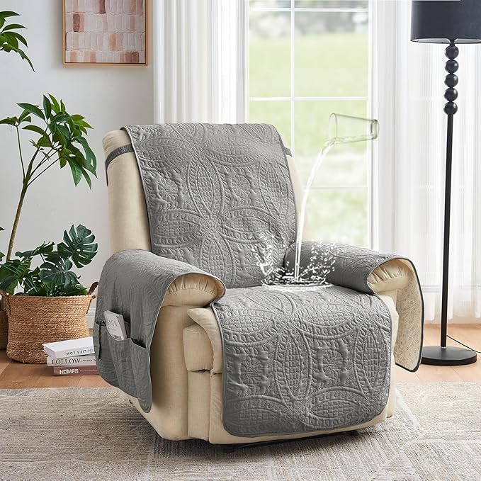Gray Quilted Recliner Chair Covers, Waterproof Recliner Slipcovers, Lazy Boy - Image 2
