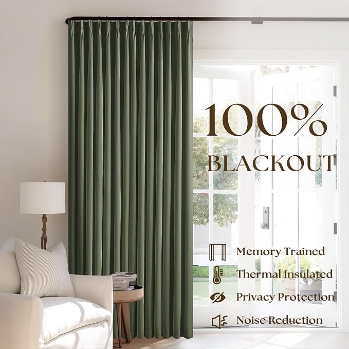 Olive Pinch Pleated 100% Blackout Linen 80 Inch Window Curtains | Room - Image 3