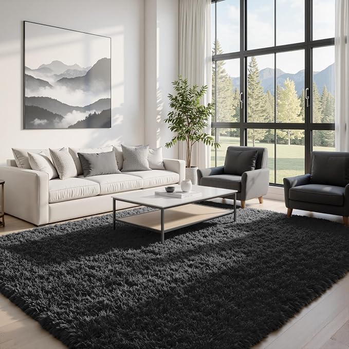6x9 Fluffy Shag Area Rugs for Living Room Bedroom: Soft Plush Carpet Black | - Image 2