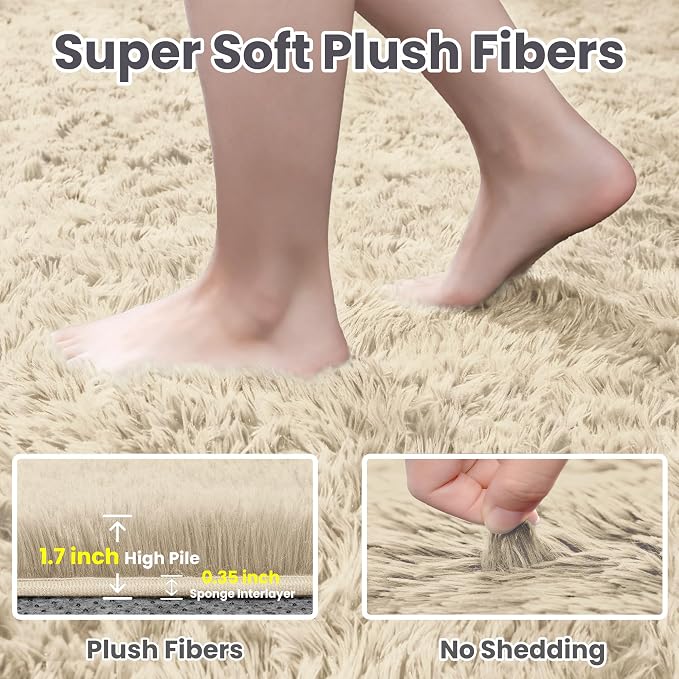 2x6 Fluffy Shag Area Rugs for Living Room Bedroom: Soft Plush Carpet Beige | - Image 5
