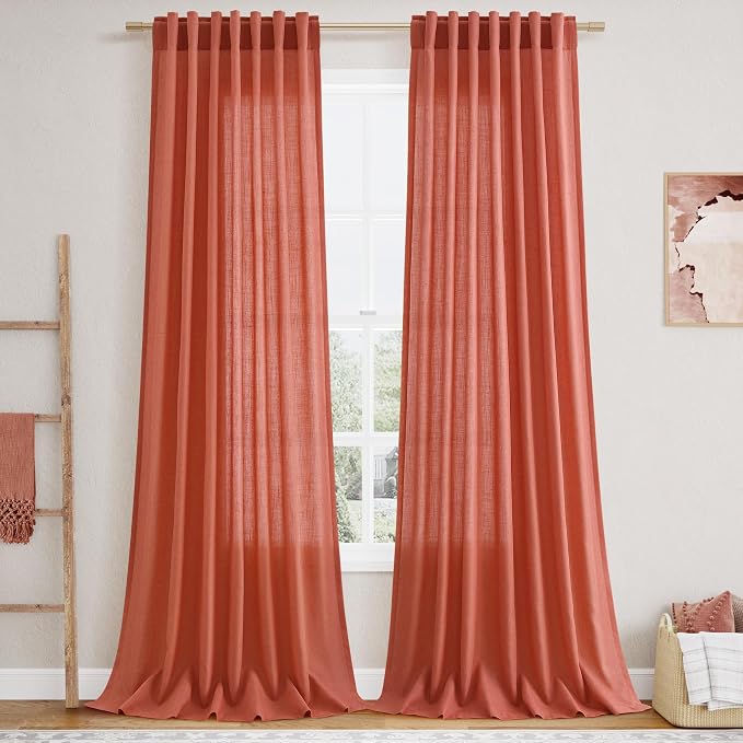 Coral Linen Curtains 120 Inches Long 2 Panels Set Back Tab Loop Pocket Light by Nanspring