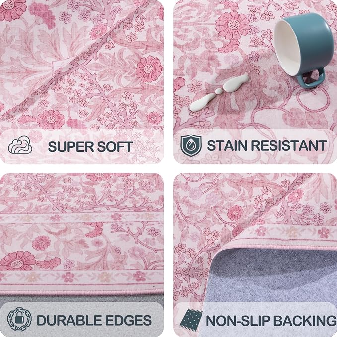 Vintage Pink Living Room Rug, 9x12 Washable Area Rugs - Image 6