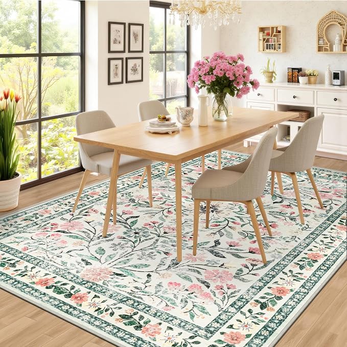 PLHXFR Area Rug Living Room: 5x7 Floral Washable Boho Carpet Green Beige | - Image 4
