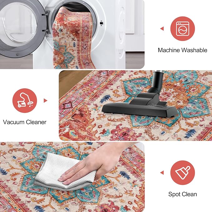 Yamaziot Washable Area Rug, 4x6 Non-Slip Boho Living Room Bedroom Rug | Stain - Image 5