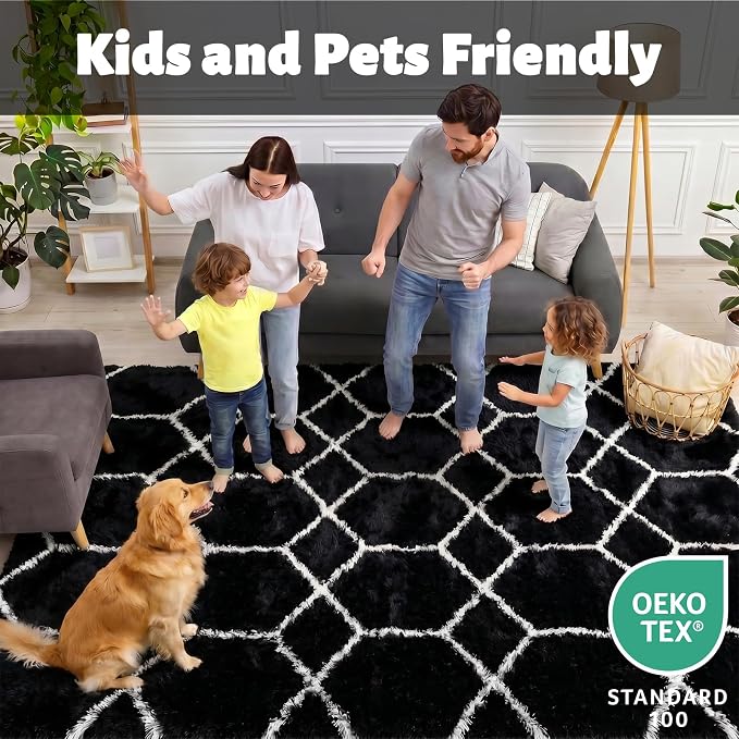 8x10 Area Rugs for Living Room, Fluffy Black and White Bedroom Modern Rug | - Image 3