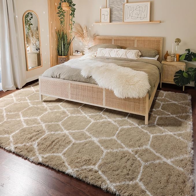 7x9 Area Rugs for Living Room Bedroom, Fluffy Beige and White Geometric Rug | - Image 5