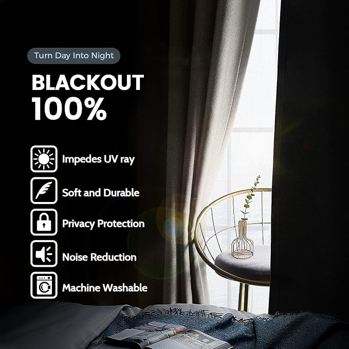 SimpleHome Natural 100% Blackout Curtains Room Darkening Living Room 84L | - Image 3