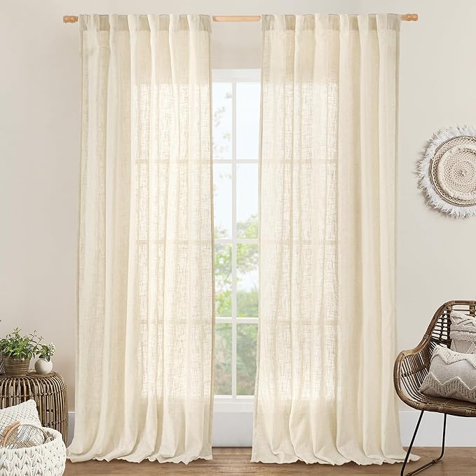 Linen Semi Sheer Curtains 96 inches Long 2 Panels Set, Floor to Ceiling Curtains by LAMIT