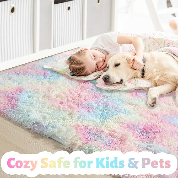 Amdrebio Rainbow Unicorn Pastel Shag Area Rug 5x7 - Image 2
