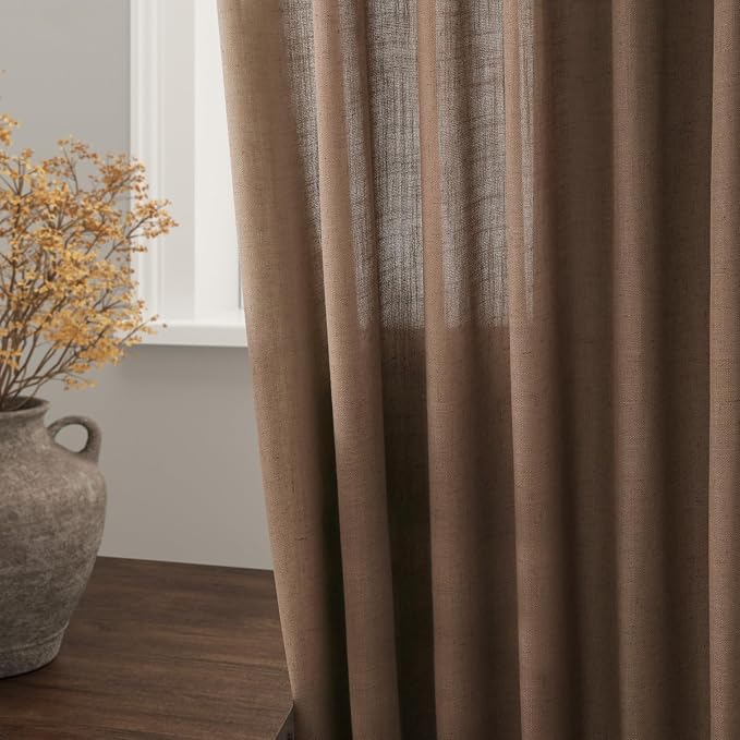 Extra Long Caramel Brown Linen Curtain 108 Inches Long 2 Panels Set Back Tab - Image 3