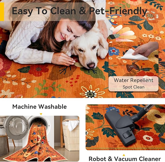 RELEANY Floral Washable 9x12 Area Rugs BurntOrange | Flower Carpet Print Boho - Image 4