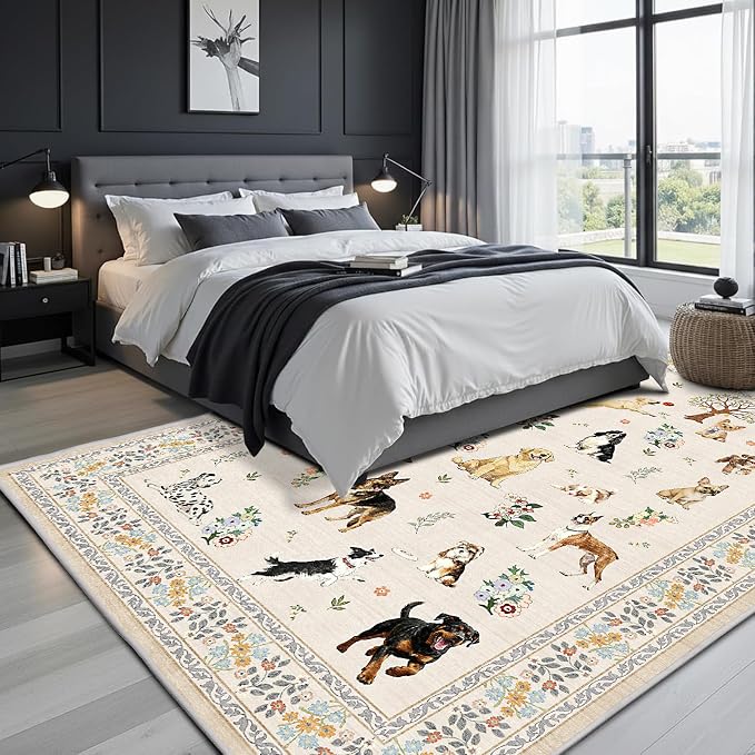 Beige Area Rug 5x7 for Bedroom Livingroom | Ultra-Thin; Boho Style; Low Pile; - Image 6