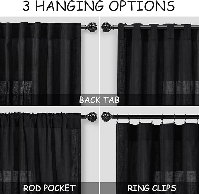 Black Semi Sheer Linen Curtains 84 inch Length - Image 3