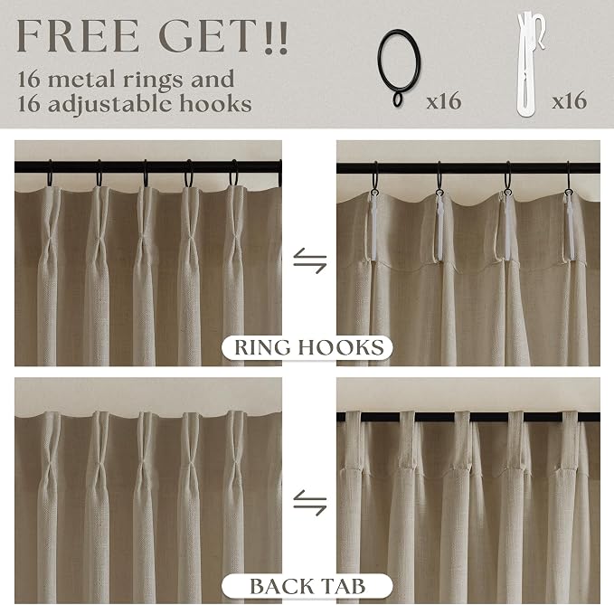 Textured Linen Pinch Pleated Curtains Tan Greige 84 Inches Long 2 Panels | - Image 5