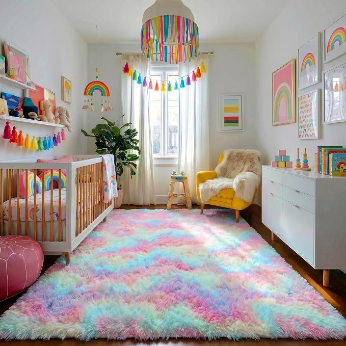 Amdrebio Rainbow Unicorn Pastel Fluffy Small Area Rug 3x5 - Image 7