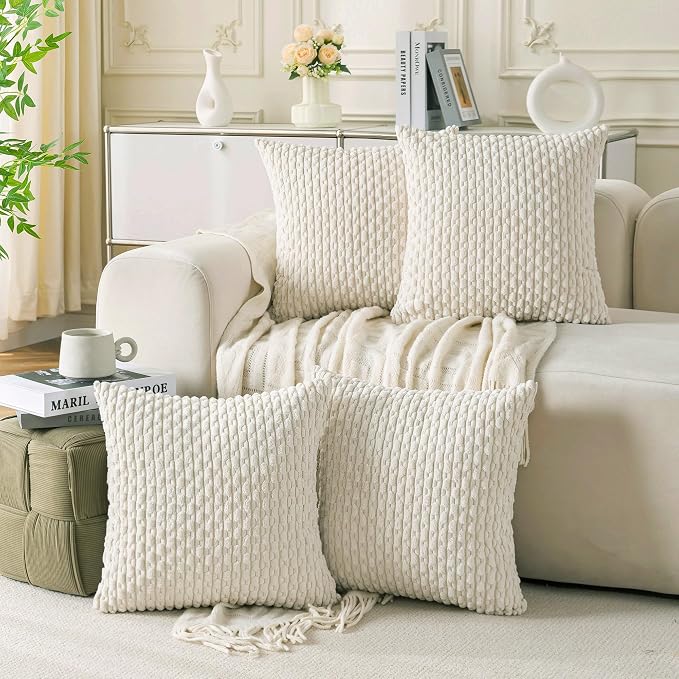 Set of 4 Cream White Decorative Throw Pillow Covers 24x24 Inch Corduroy Pillow by Cozoomy