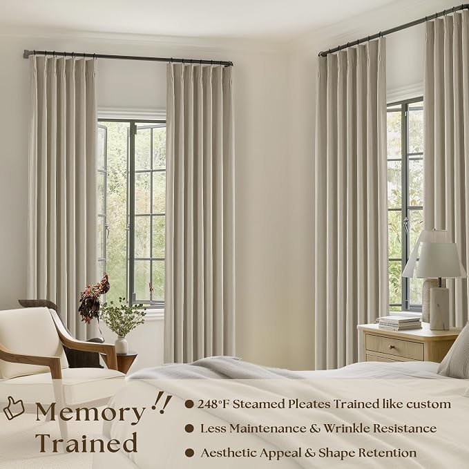 Burlywood Birch Blackout Pleated Linen Curtains 108 Inches Long 2 Panels | - Image 2