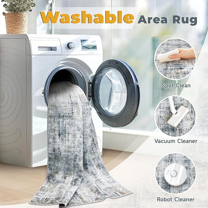 6x9 Area Rugs Washable Rug: Abstract Neutral Rugs Modern Non Slip Area Rug - Image 3