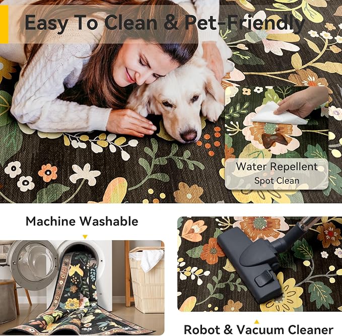 RELEANY Floral Washable 8x10 Area Rugs Black/Yellow | Flower Carpet Print Boho - Image 5