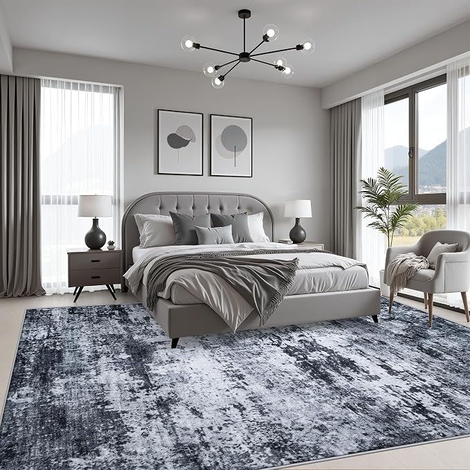9x12 Area Rug Living Room: Modern Washable Indoor Carpet Black | - Image 3