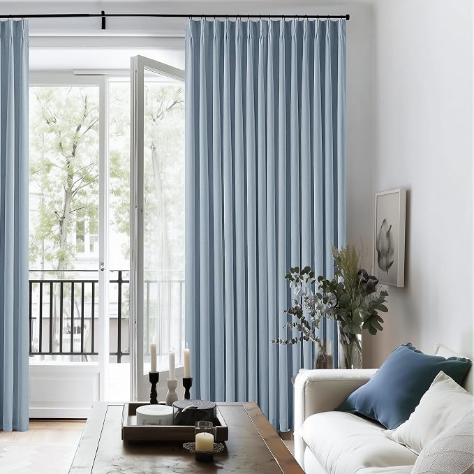 Dusty Blue Pinch Pleat 100% Blackout Linen Bedroom Curtains 96 Inch Length | - Image 7