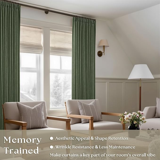 Farmhouse Linen Blend Pleated Olive Green Curtains 102 Inches Long 2 Panels | - Image 2