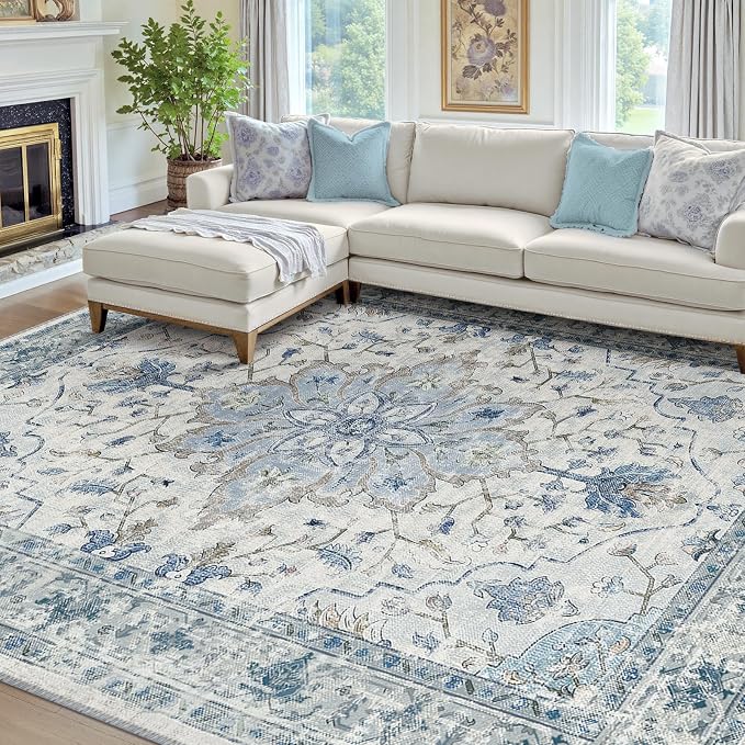 RELEANY Washable Area Rug, Water Repellent, Pet Friendly, Vintage Floral Boho by RELEANY
