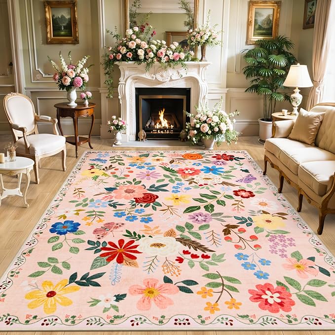 PLHXFR Area Rug 10x12 Living Room: Floral Washable Boho Soft Carpet Beige | by PLHXFRSoftAreaRugs