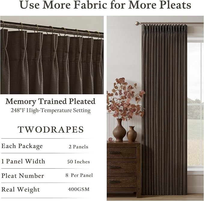 Dark Chocolate Linen Pinch Pleat Semi Sheer Vintage Curtains 105 Inch Long | - Image 5