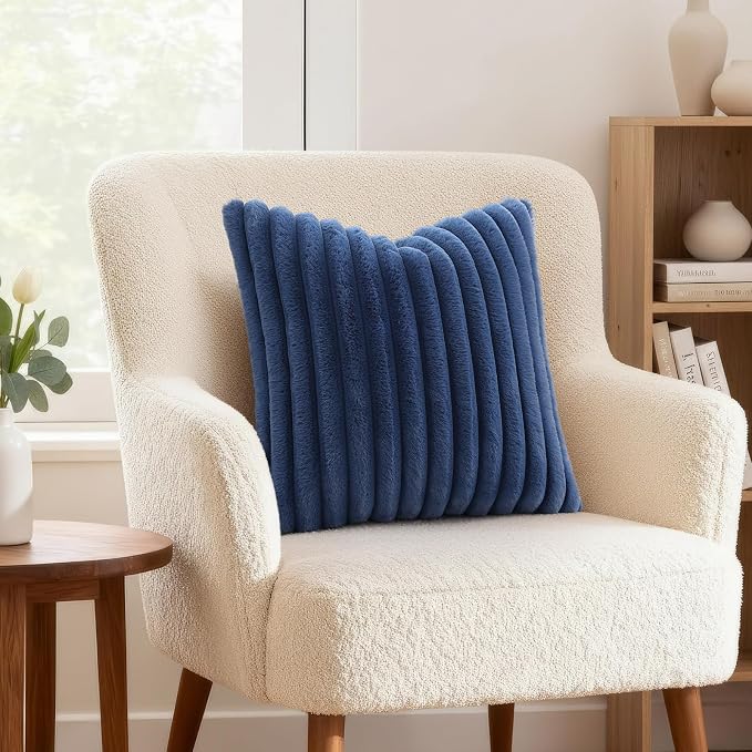 decorUhome Fall Faux Fur Throw Pillow Covers 24x24 Set of 2 Navy Blue | - Image 4