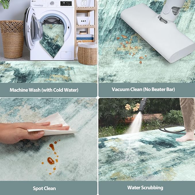 8x10 Area Rugs for Living Room Washable Bedroom Dining Room Teal Grey Gold | - Image 5