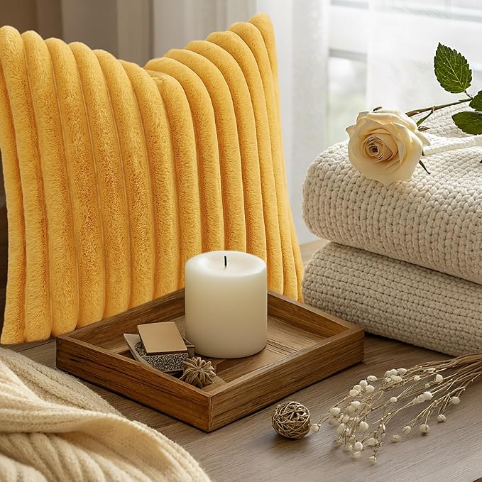 decorUhome Fall Faux Fur Throw Pillow Covers 26x26 Set of 2 Mustard Yellow | - Image 9