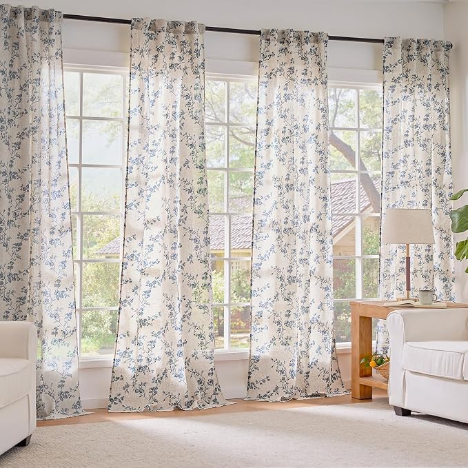 Blue Vintage Floral Linen Curtains Farmhouse 38W X 84L 2 Panels | Elisa Series - Image 7
