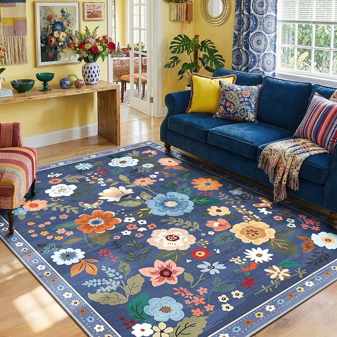 RELEANY Floral Washable 5x8 Area Rugs Blue/Grey | Flower Carpet Print Boho Cute - Image 9