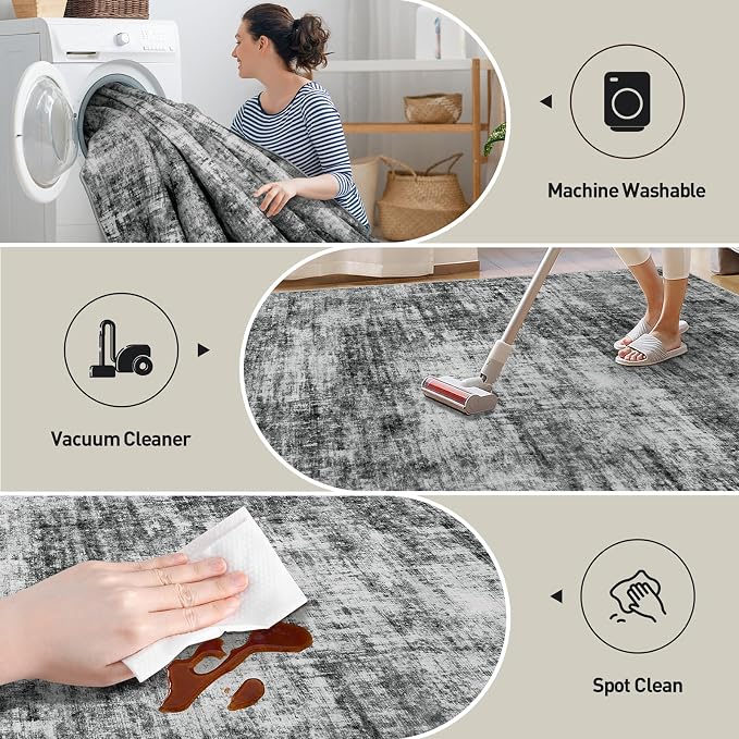 9x12 Area Rugs for Living Room: Washable Abstract Black Badroom Carpet | - Image 5