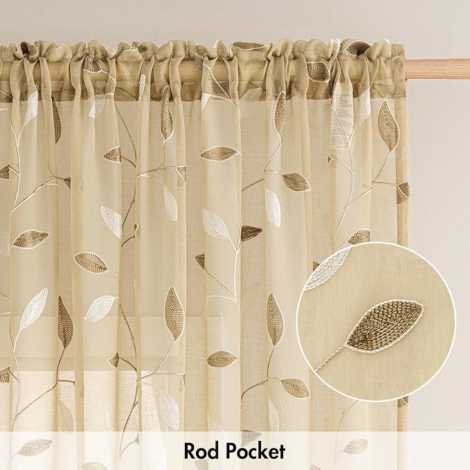MIULEE Beige Sheer Curtains 2 Panels Embroidered Leaf Patterned, W52 x L45 | - Image 6