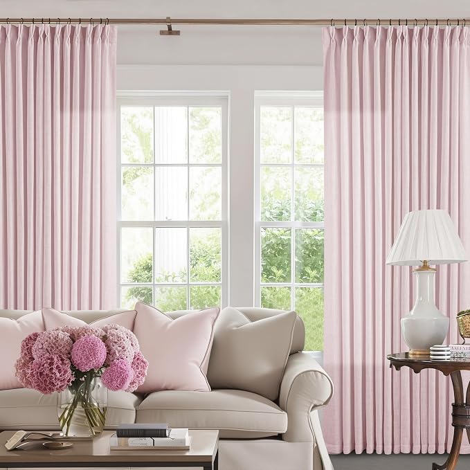 Light Pink Linen Pinch Pleat Curtains 108 Inch Length 2 Panels Set 40x108 | by Twodrapes