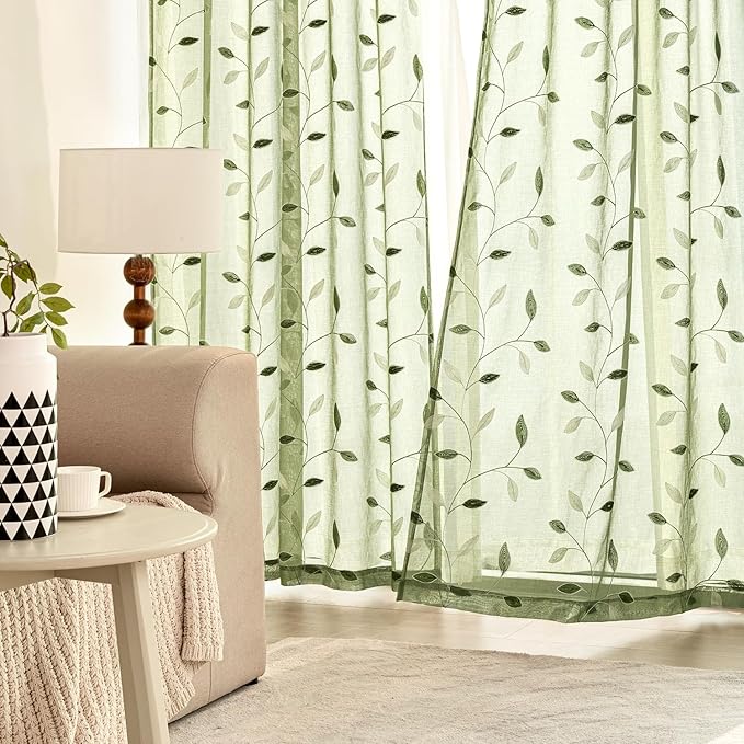 MIULEE Sage Green Sheer Curtains 2 Panels Leaf Patterned, W52 x L45 | - Image 3