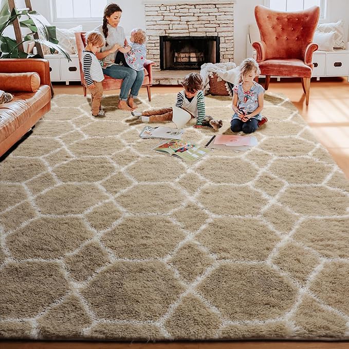 Area Rugs for Living Room, 5x8 Fluffy Beige and White Bedroom Geometric Rug | - Image 7