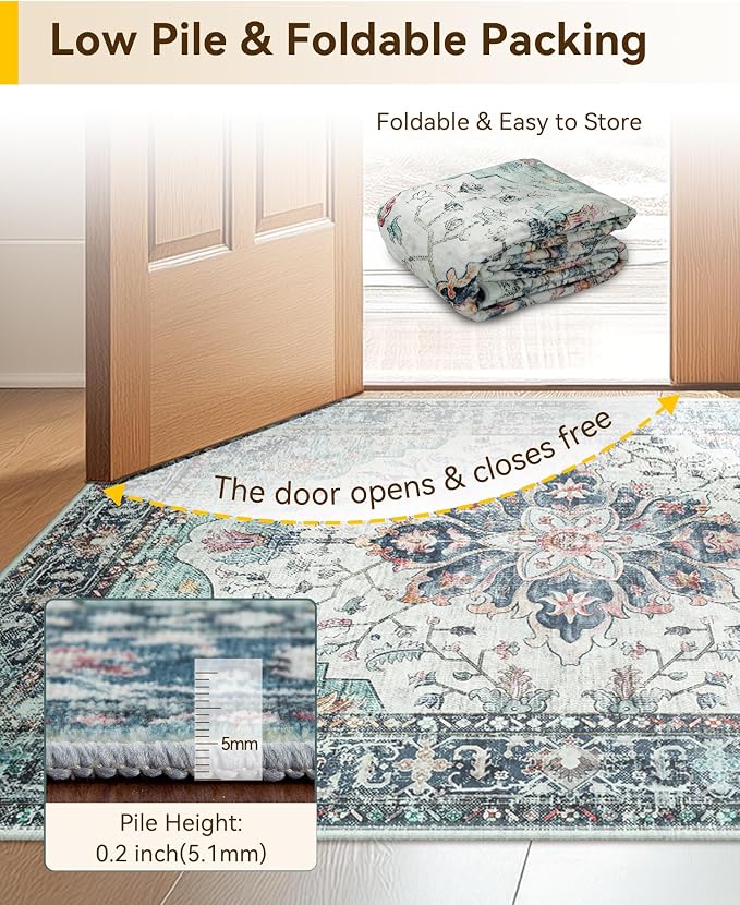 RELEANY Washable Area Rug, Runner 2'6"x5', Teal Green/White/Navy | Non-Slip - Image 6