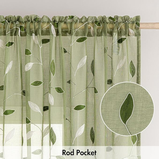 MIULEE Sage Green Sheer Curtains 2 Panels Leaf Patterned, W52 x L96 | - Image 6