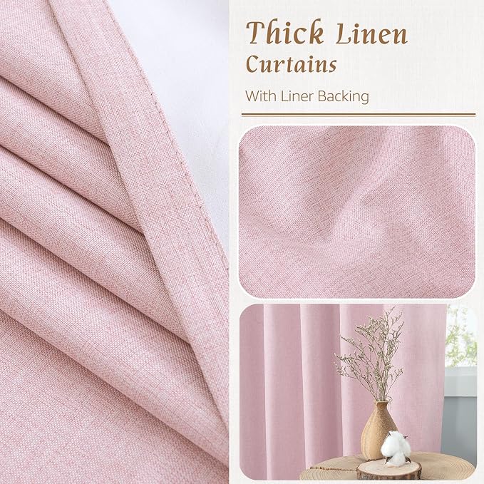 Pink 100% Blackout Linen Curtains 63 Inches 2 Panels - Image 7